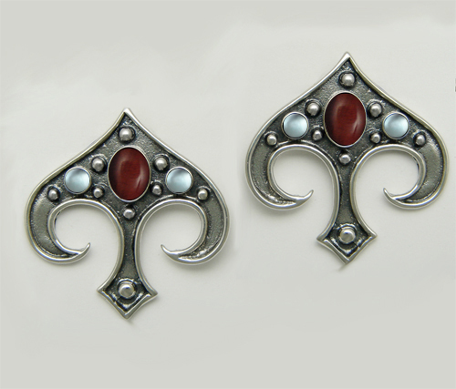 Sterling Silver Gothic Inspired Drop Dangle Earrings With Red Tiger Eye And Blue Topaz